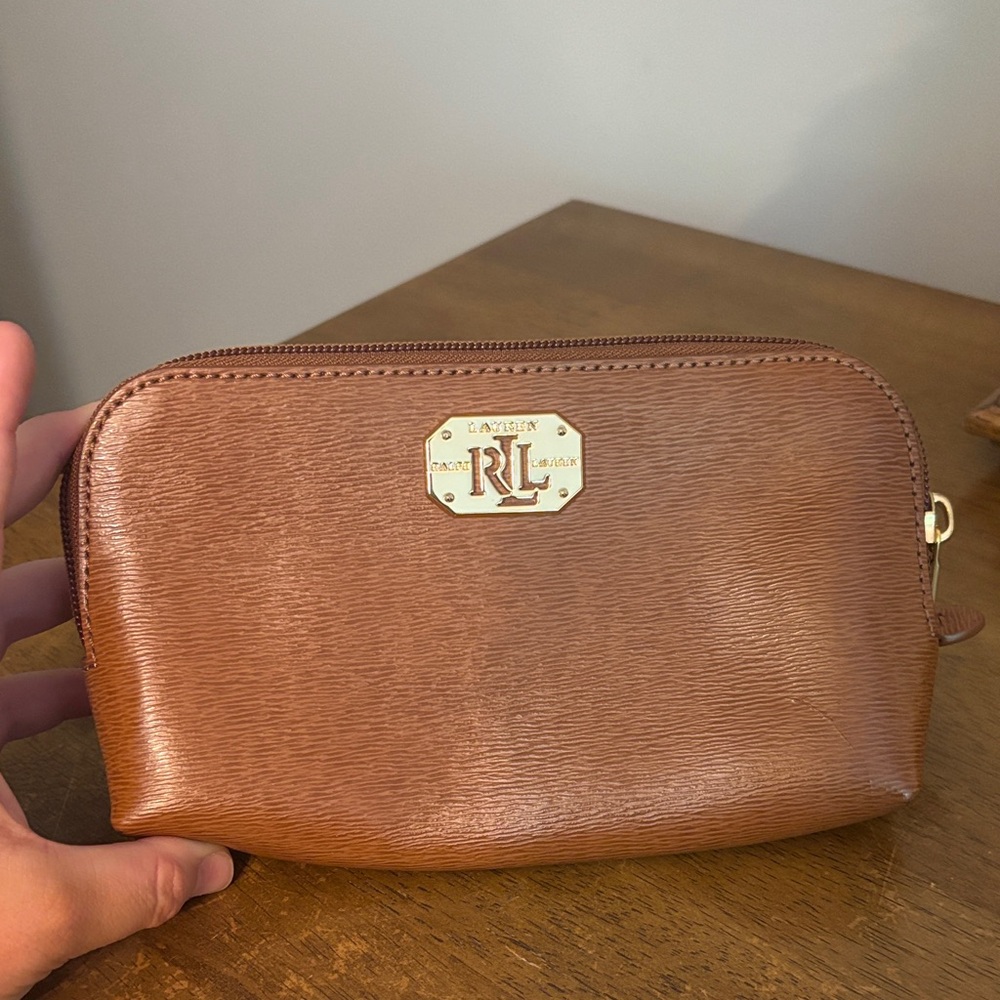 Ralph Lauren Tan Leather Zip Cosmetic Case with Gold Plaque